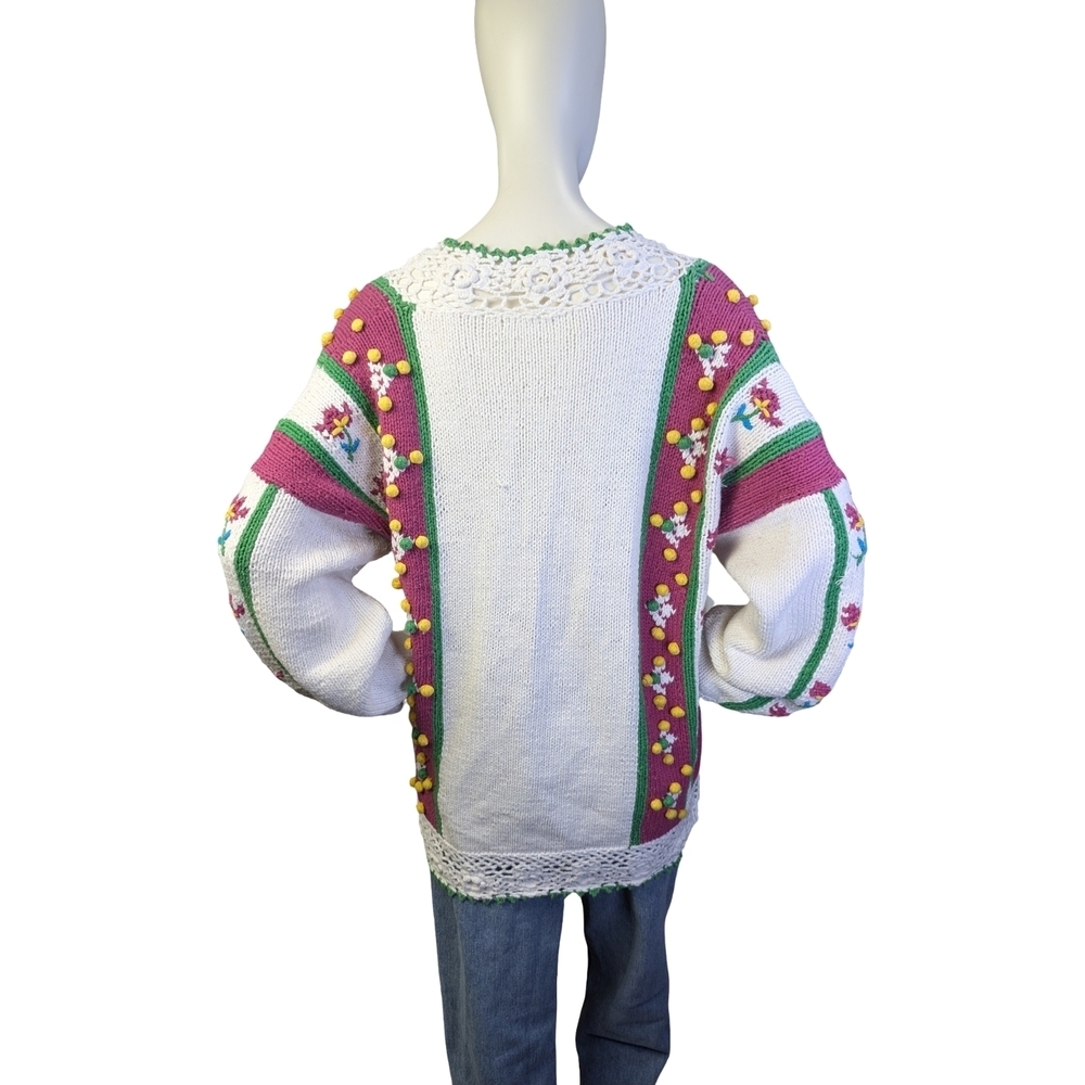 Vintage Knit Sweater Floral Crochet & Bobble Details | Cottagecore | Folk Art - Picture 6 of 8